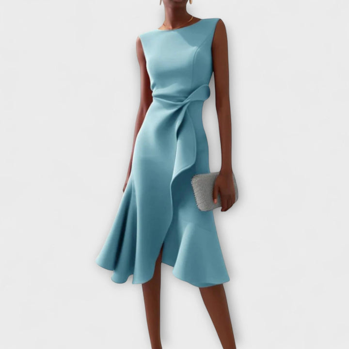 Women's Elegant Flowy Midi Wedding Guest Dress with Boat Neck