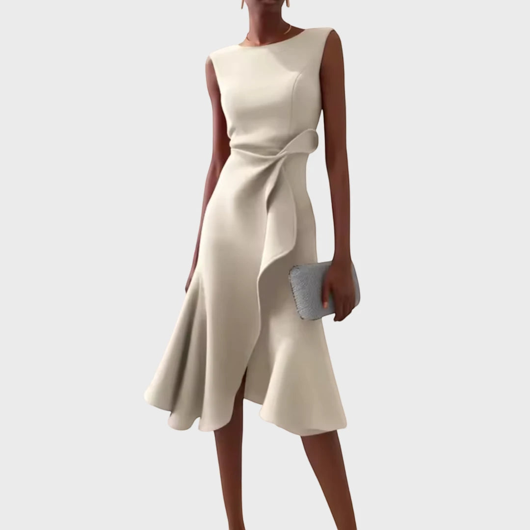 Women's Elegant Flowy Midi Wedding Guest Dress with Boat Neck