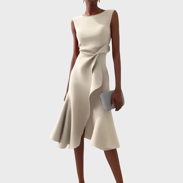 Women's Elegant Flowy Midi Wedding Guest Dress with Boat Neck