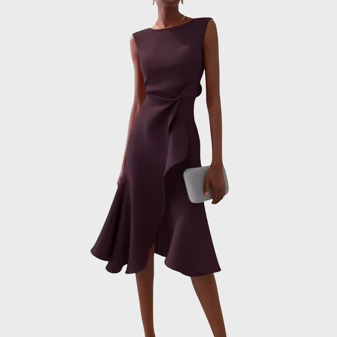 Women's Elegant Flowy Midi Wedding Guest Dress with Boat Neck