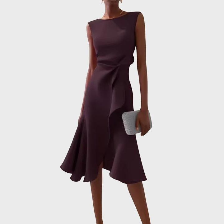 Women's Elegant Flowy Midi Wedding Guest Dress with Boat Neck