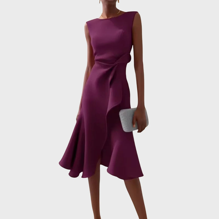 Women's Elegant Flowy Midi Wedding Guest Dress with Boat Neck