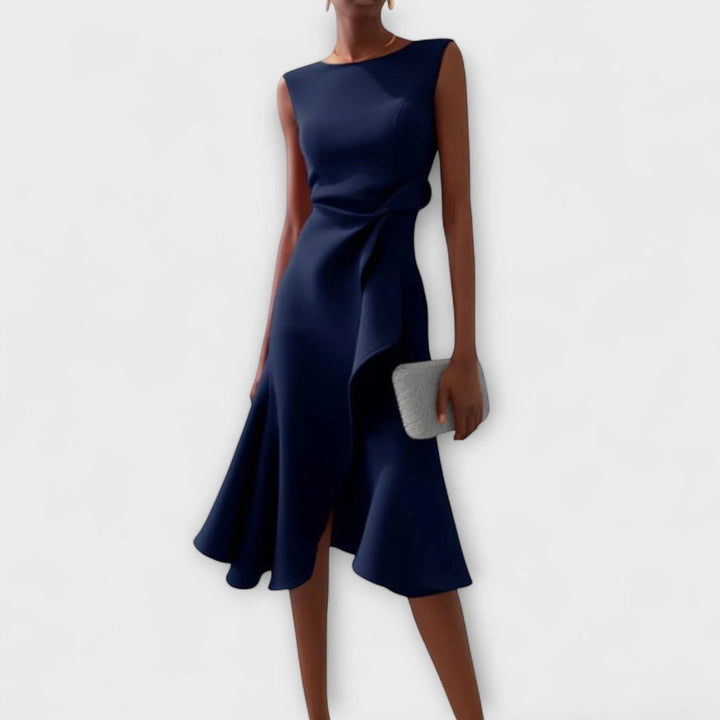 Women's Elegant Flowy Midi Wedding Guest Dress with Boat Neck