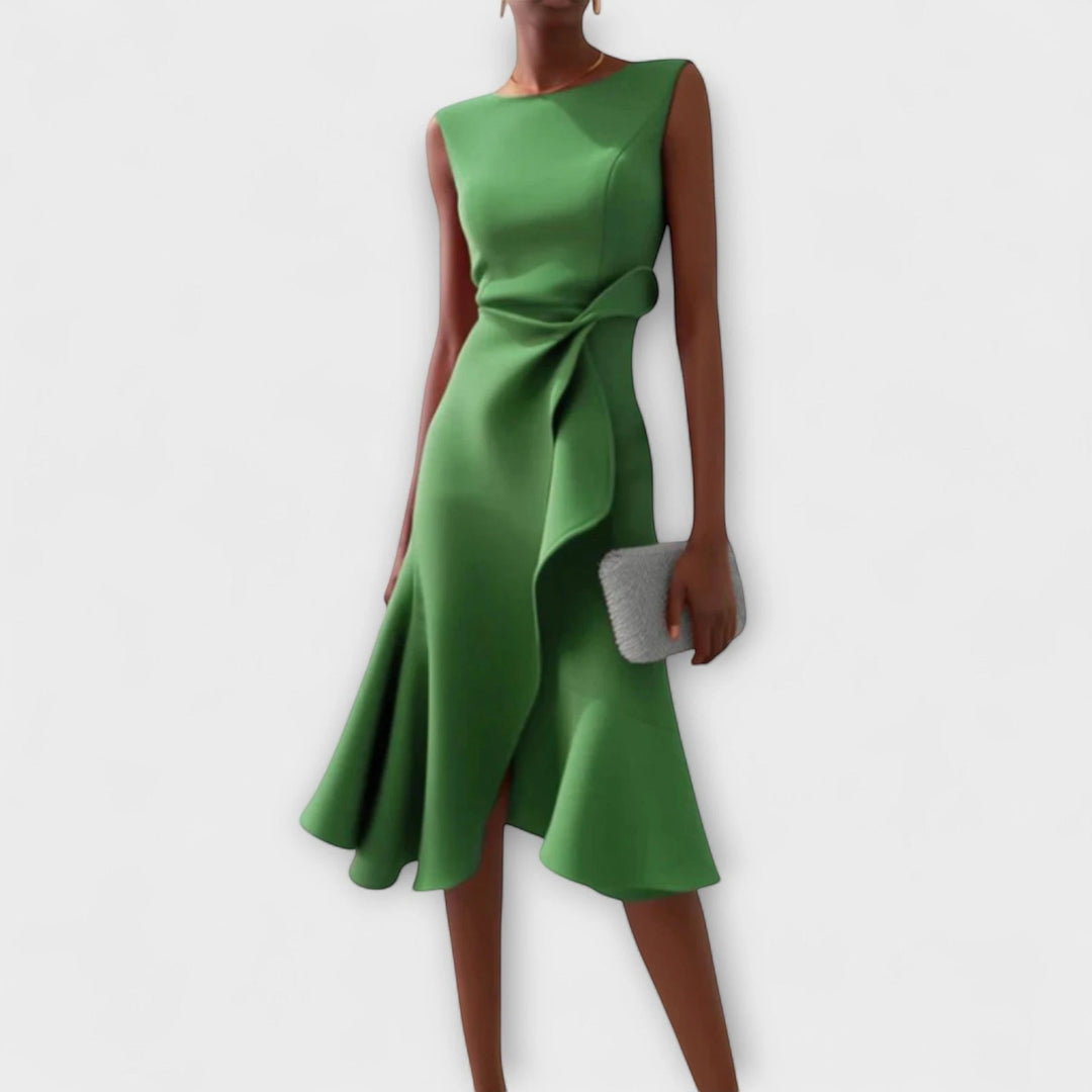 Women's Elegant Flowy Midi Wedding Guest Dress with Boat Neck