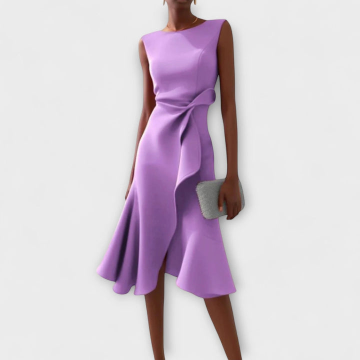 Women's Elegant Flowy Midi Wedding Guest Dress with Boat Neck