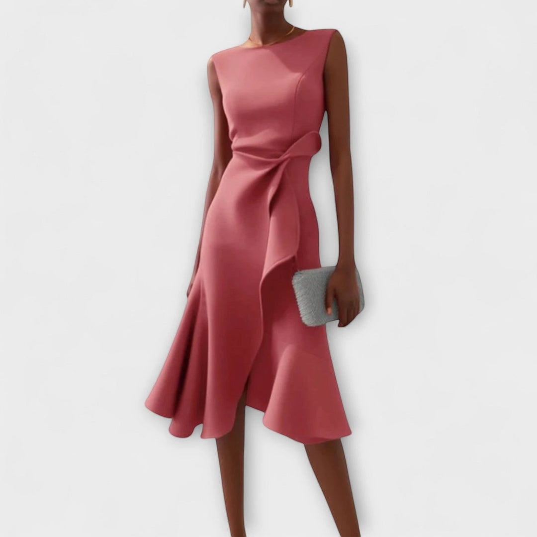 Women's Elegant Flowy Midi Wedding Guest Dress with Boat Neck