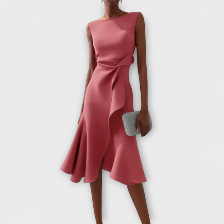 Women's Elegant Flowy Midi Wedding Guest Dress with Boat Neck