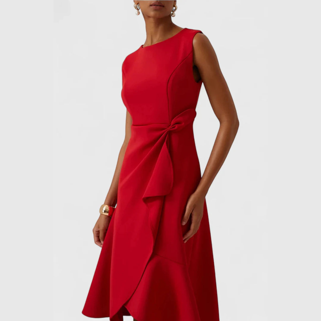 Women's Elegant Flowy Midi Wedding Guest Dress with Boat Neck