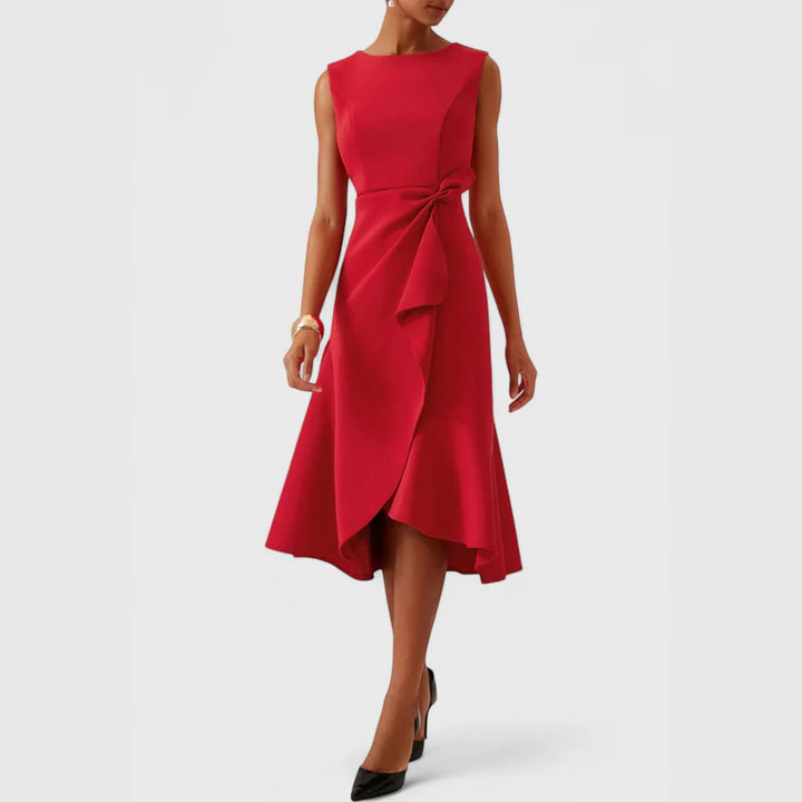 Women's Elegant Flowy Midi Wedding Guest Dress with Boat Neck
