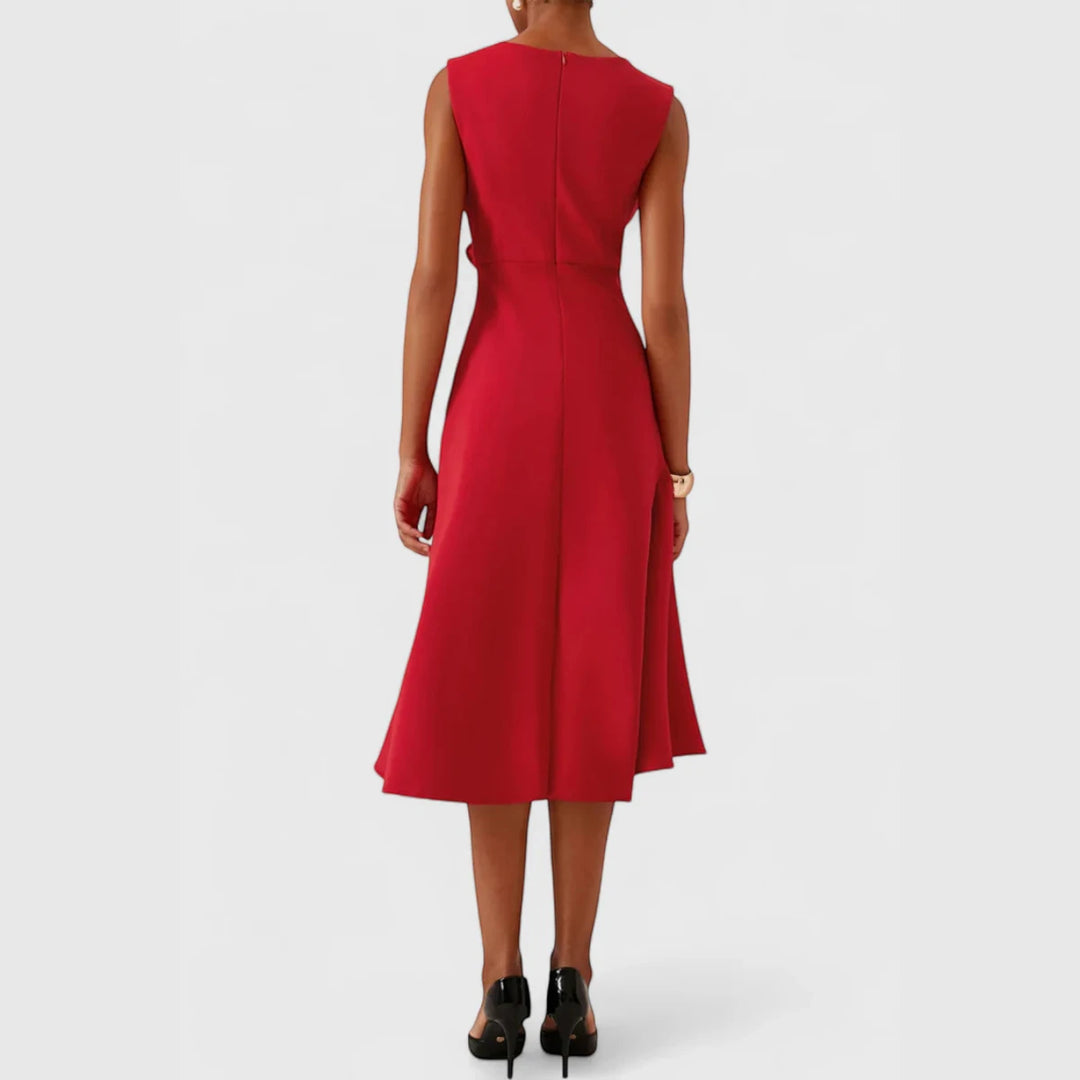 Women's Elegant Flowy Midi Wedding Guest Dress with Boat Neck