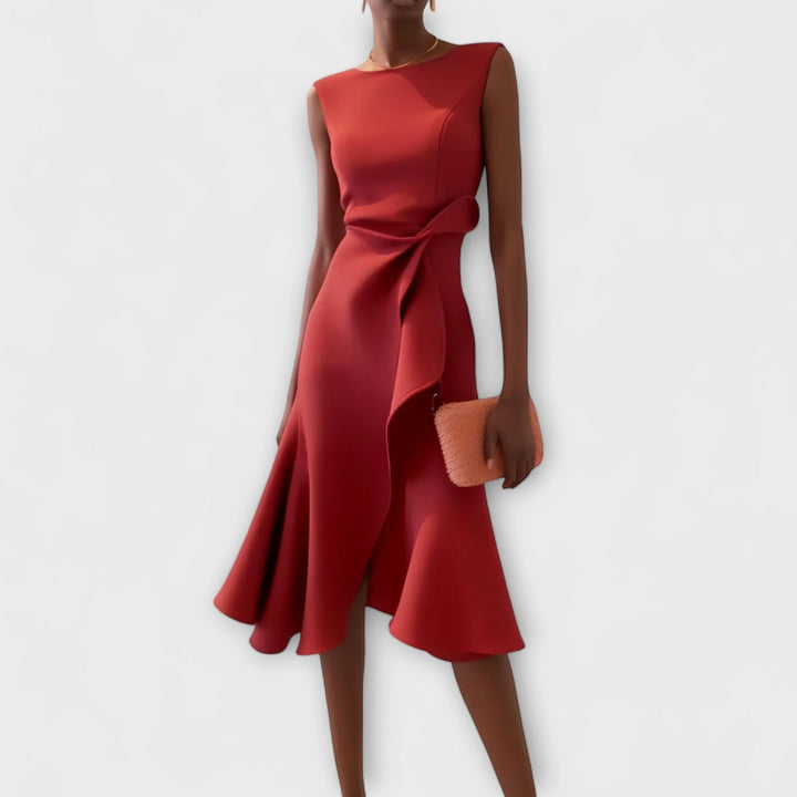 Women's Elegant Flowy Midi Wedding Guest Dress with Boat Neck