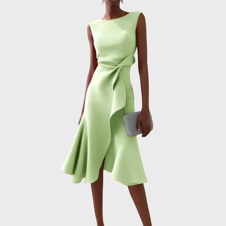 Women's Elegant Flowy Midi Wedding Guest Dress with Boat Neck