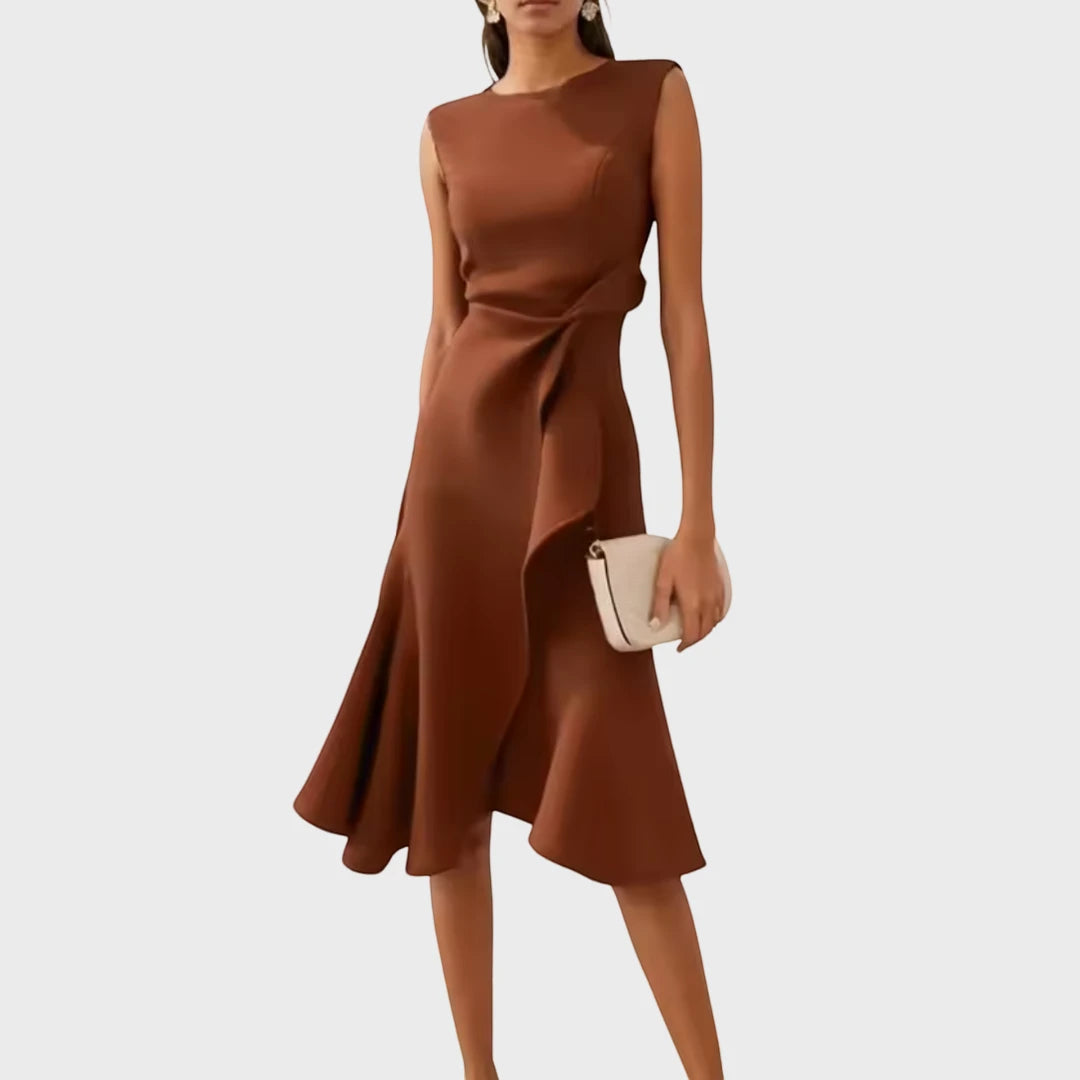 Women's Elegant Flowy Midi Wedding Guest Dress with Boat Neck