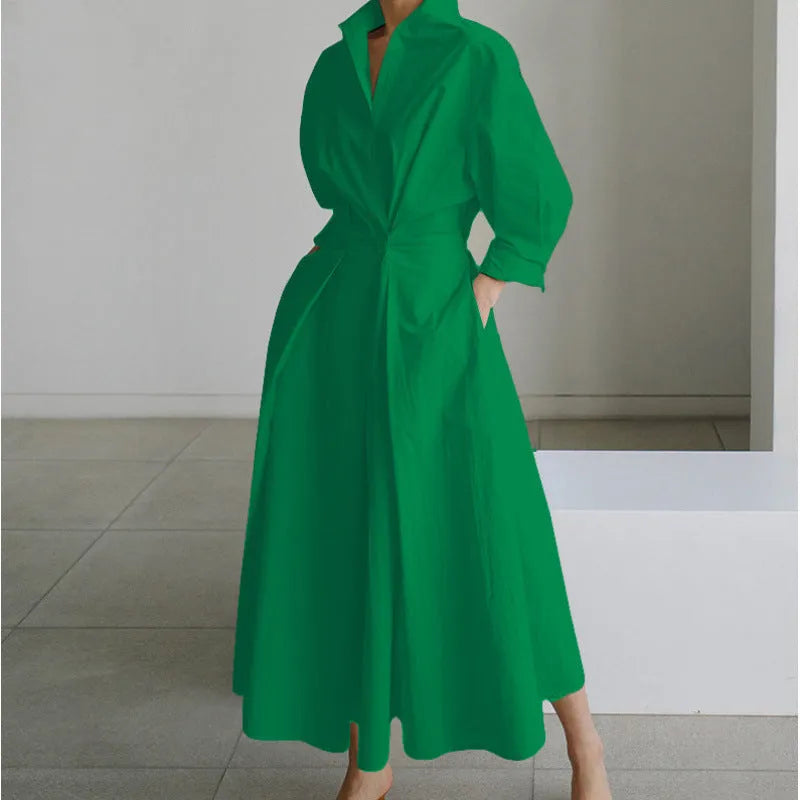 Women's Elegant Flowy Midi Wedding Guest Dress with Collared Neckline