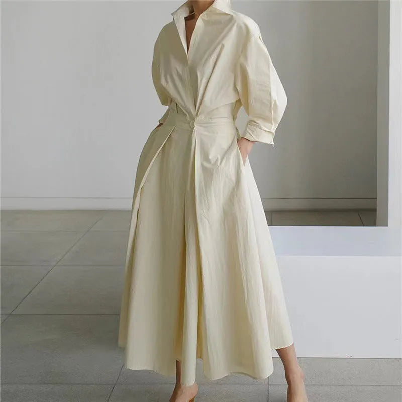 Women's Elegant Flowy Midi Wedding Guest Dress with Collared Neckline