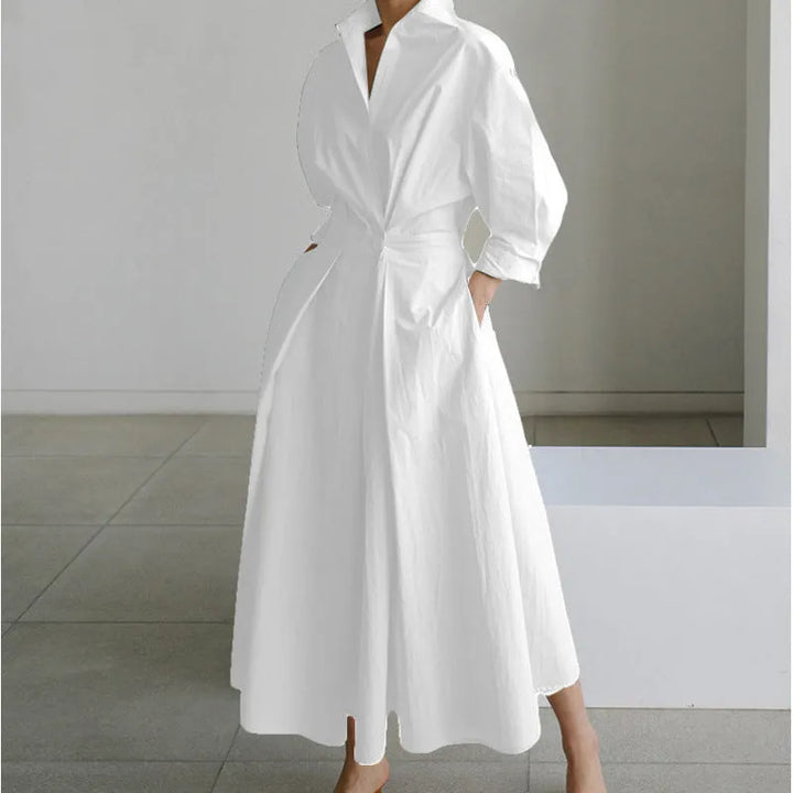 Women's Elegant Flowy Midi Wedding Guest Dress with Collared Neckline