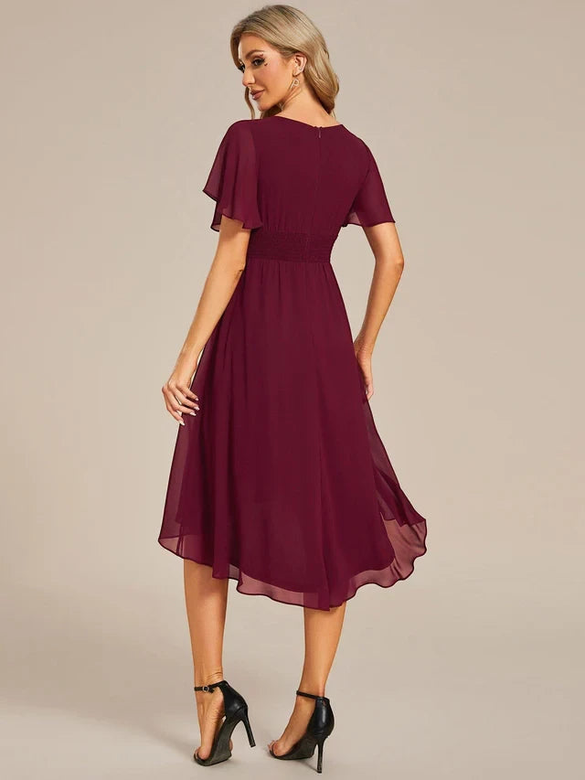 Women's Elegant Flowy Midi Wedding Guest Dress with Flutter Sleeves