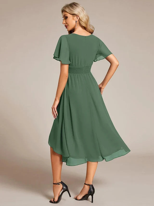 Women's Elegant Flowy Midi Wedding Guest Dress with Flutter Sleeves