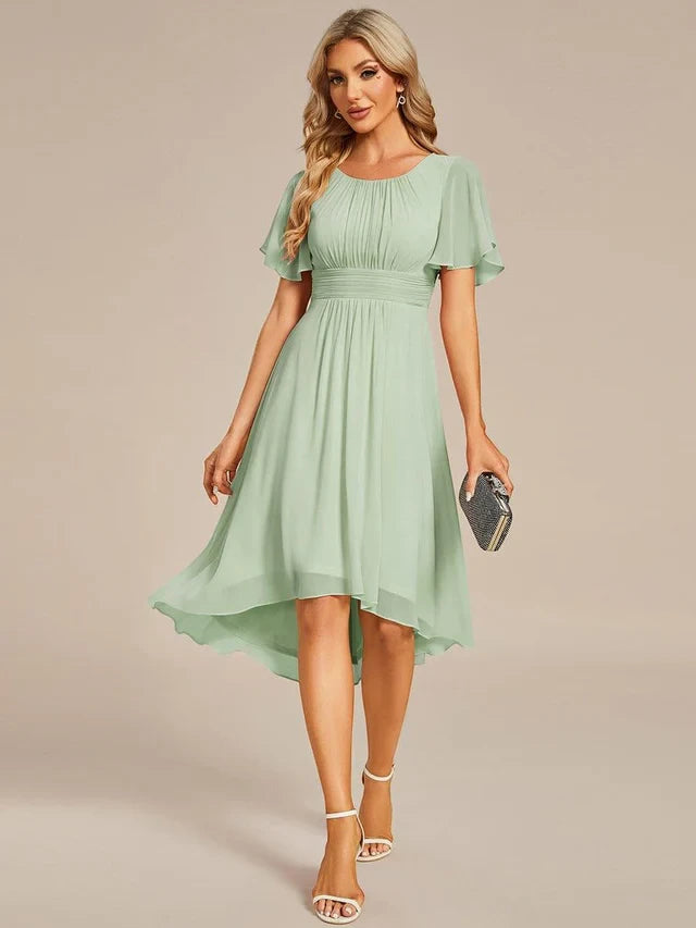 Women's Elegant Flowy Midi Wedding Guest Dress with Flutter Sleeves