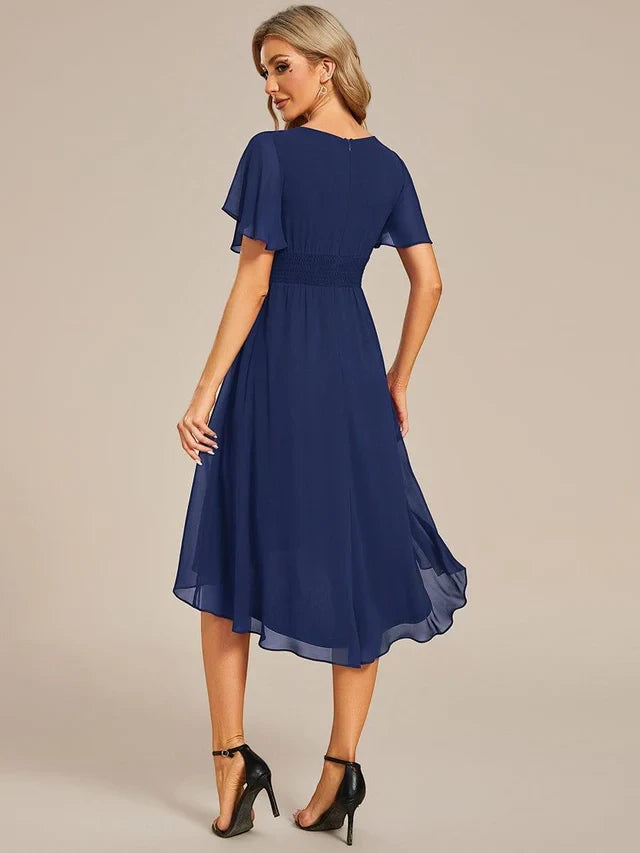 Women's Elegant Flowy Midi Wedding Guest Dress with Flutter Sleeves