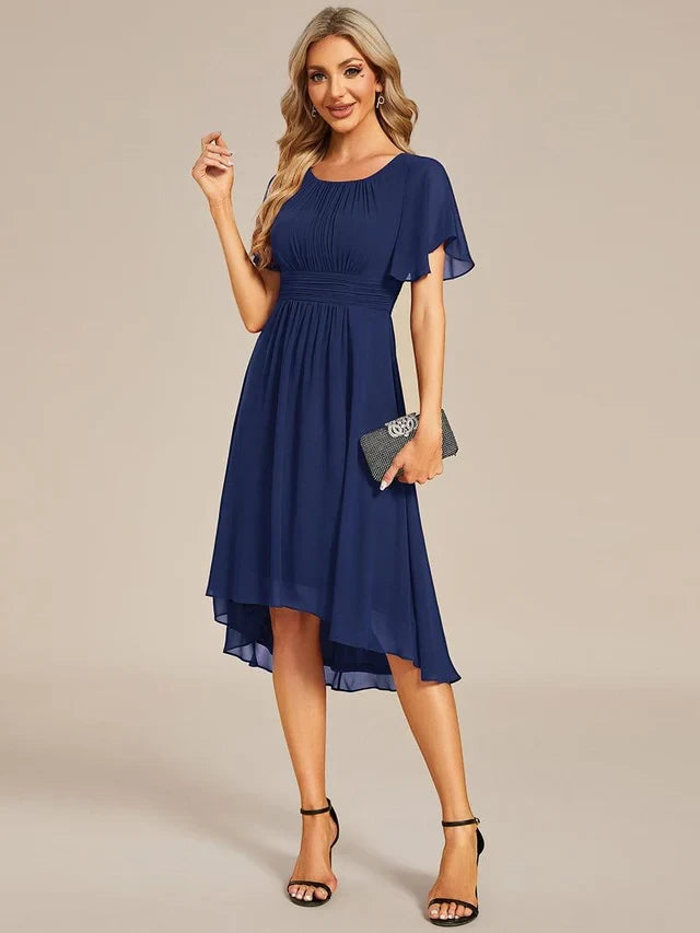 Women's Elegant Flowy Midi Wedding Guest Dress with Flutter Sleeves