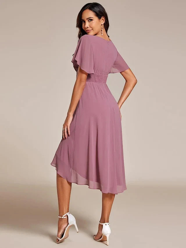 Women's Elegant Flowy Midi Wedding Guest Dress with Flutter Sleeves