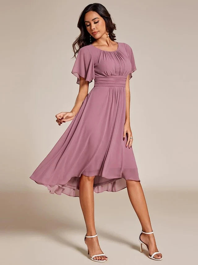 Women's Elegant Flowy Midi Wedding Guest Dress with Flutter Sleeves