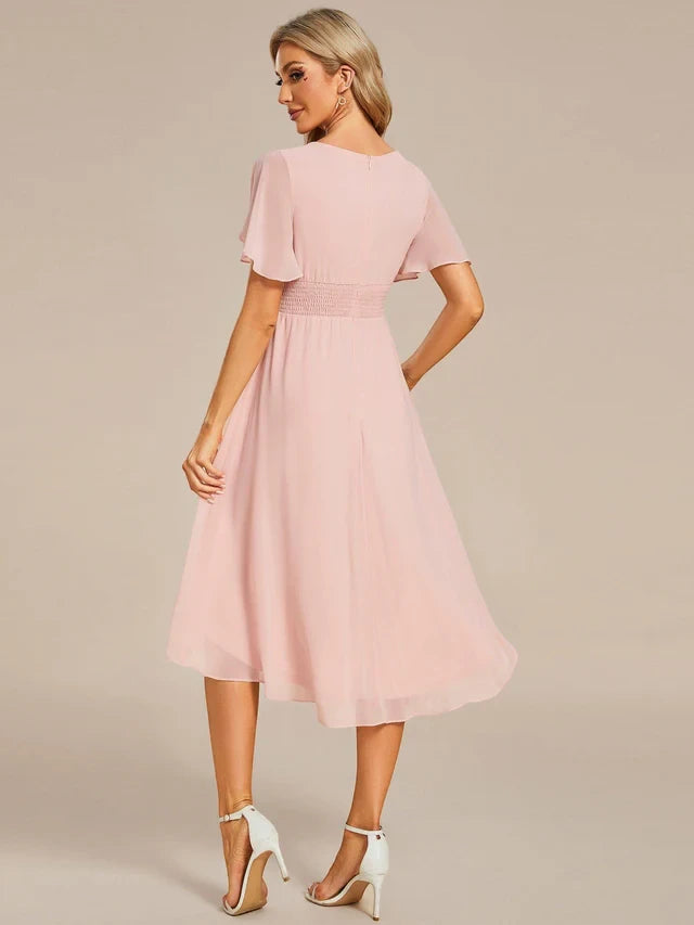 Women's Elegant Flowy Midi Wedding Guest Dress with Flutter Sleeves