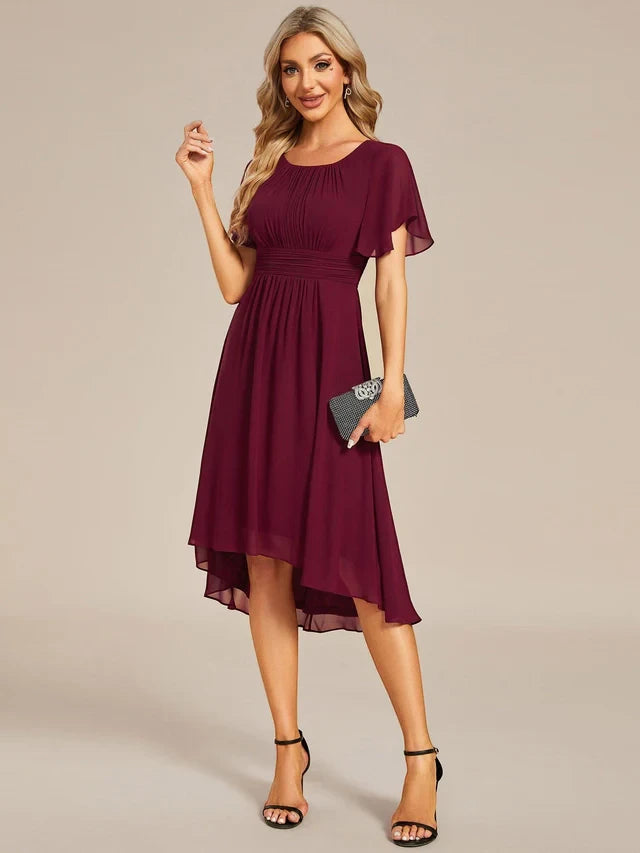 Women's Elegant Flowy Midi Wedding Guest Dress with Flutter Sleeves