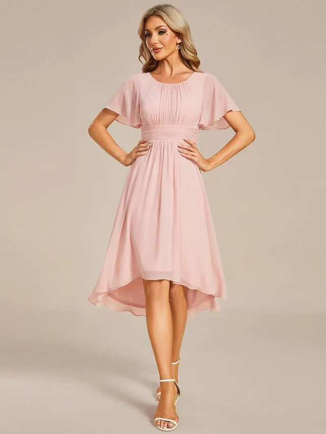 Women's Elegant Flowy Midi Wedding Guest Dress with Flutter Sleeves