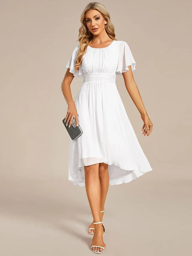 Women's Elegant Flowy Midi Wedding Guest Dress with Flutter Sleeves