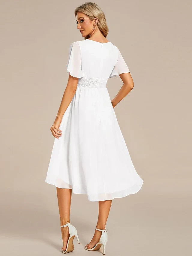 Women's Elegant Flowy Midi Wedding Guest Dress with Flutter Sleeves