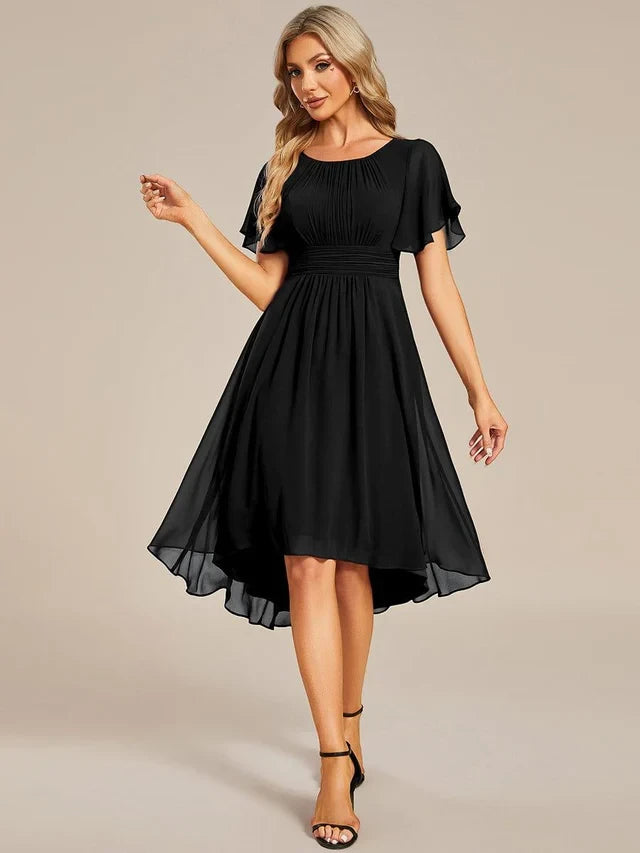 Women's Elegant Flowy Midi Wedding Guest Dress with Flutter Sleeves