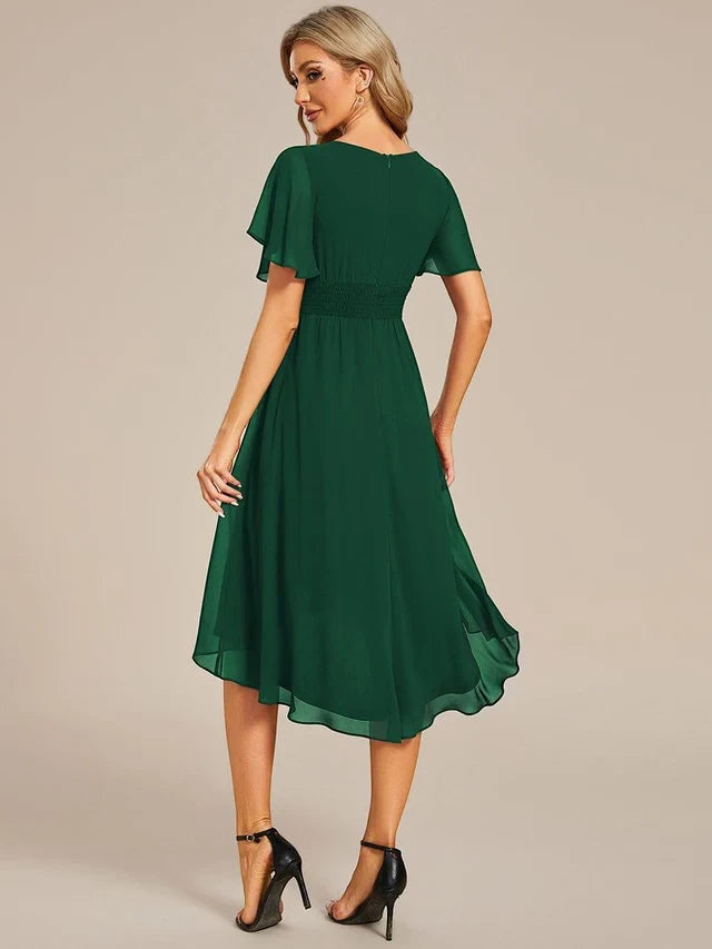 Women's Elegant Flowy Midi Wedding Guest Dress with Flutter Sleeves
