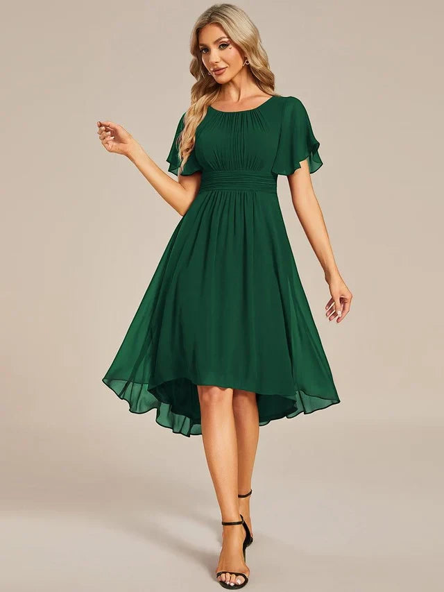 Women's Elegant Flowy Midi Wedding Guest Dress with Flutter Sleeves