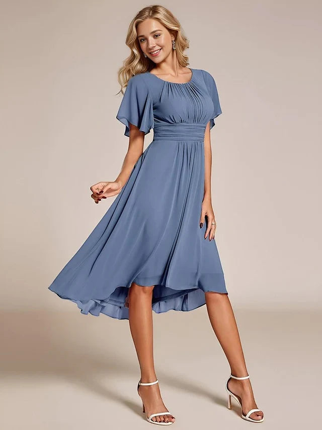 Women's Elegant Flowy Midi Wedding Guest Dress with Flutter Sleeves