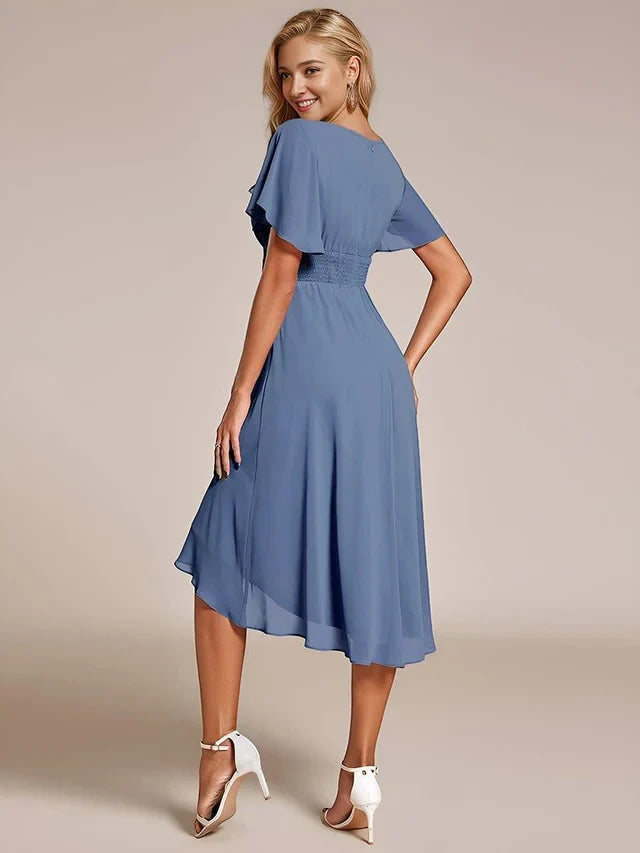 Women's Elegant Flowy Midi Wedding Guest Dress with Flutter Sleeves