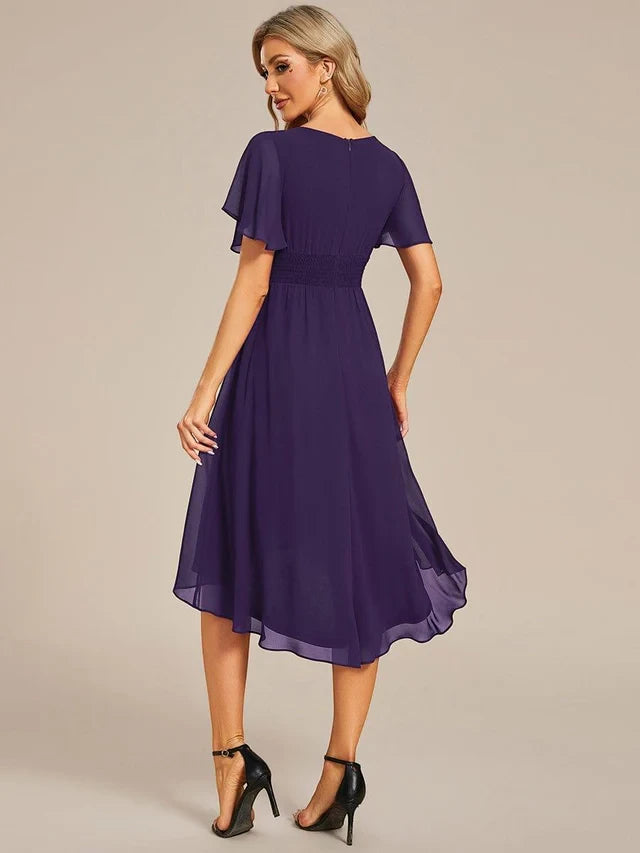 Women's Elegant Flowy Midi Wedding Guest Dress with Flutter Sleeves