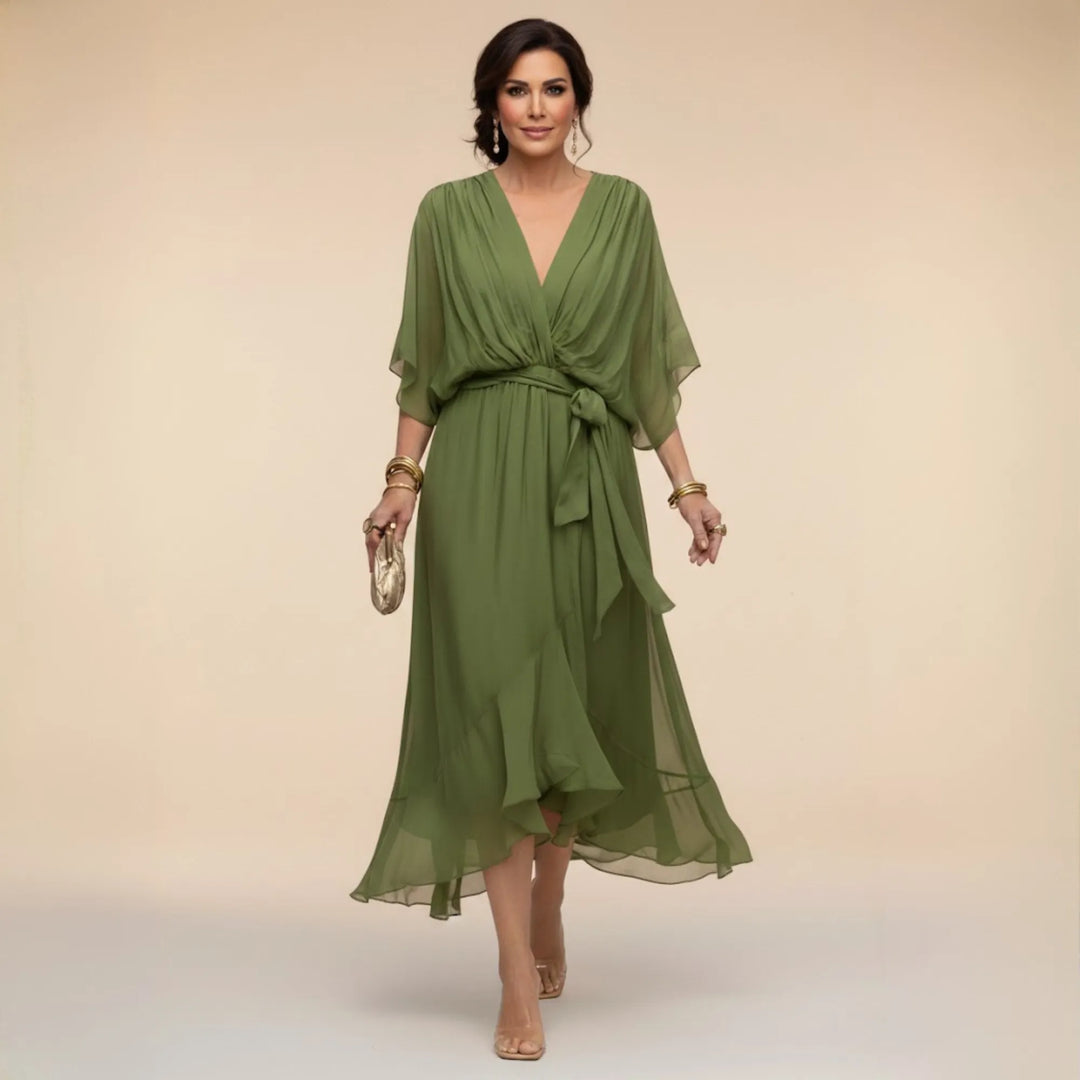 Women's Elegant Flowy Midi  Wedding Guest Dress with Ruched