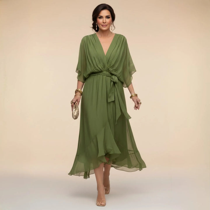 Women's Elegant Flowy Midi  Wedding Guest Dress with Ruched