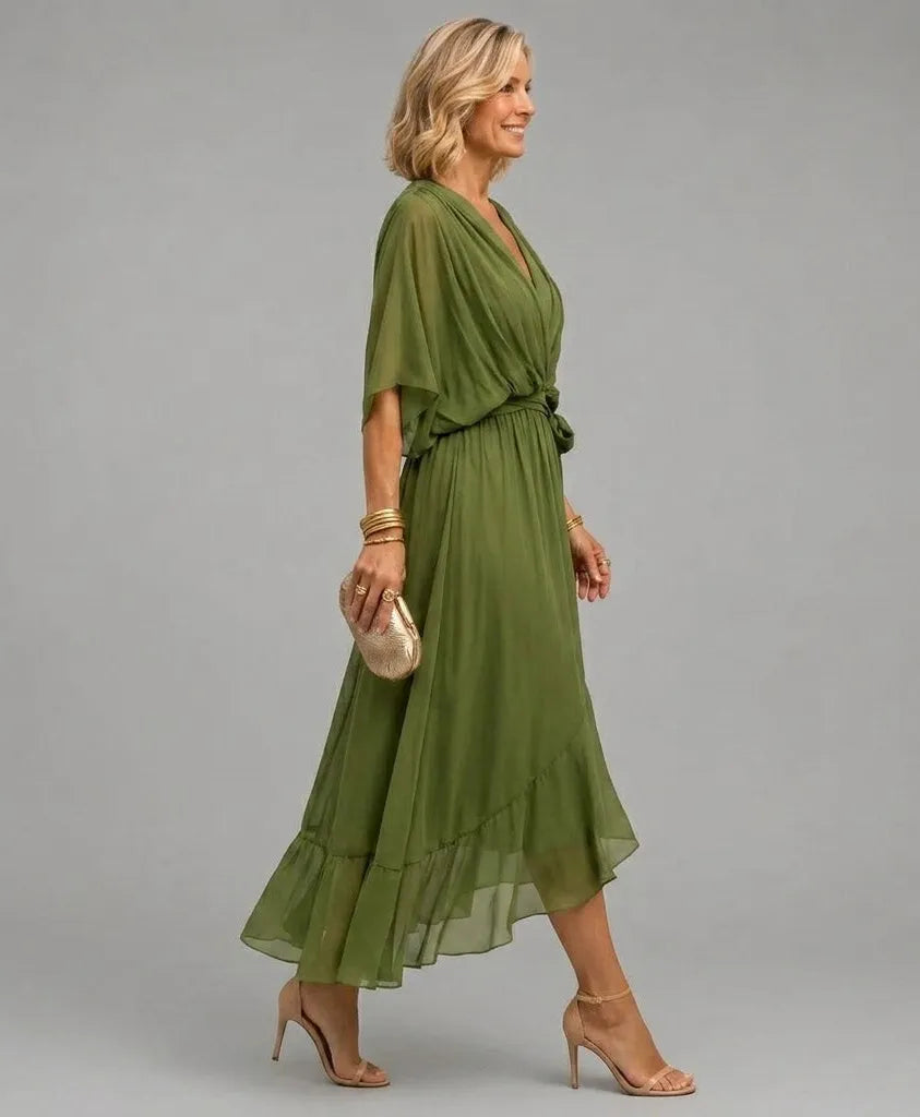 Women's Elegant Flowy Midi  Wedding Guest Dress with Ruched