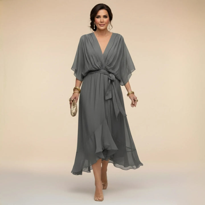 Women's Elegant Flowy Midi  Wedding Guest Dress with Ruched