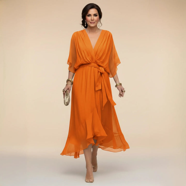 Women's Elegant Flowy Midi  Wedding Guest Dress with Ruched