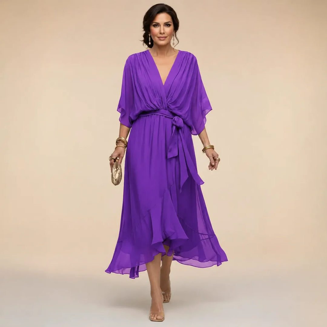 Women's Elegant Flowy Midi  Wedding Guest Dress with Ruched