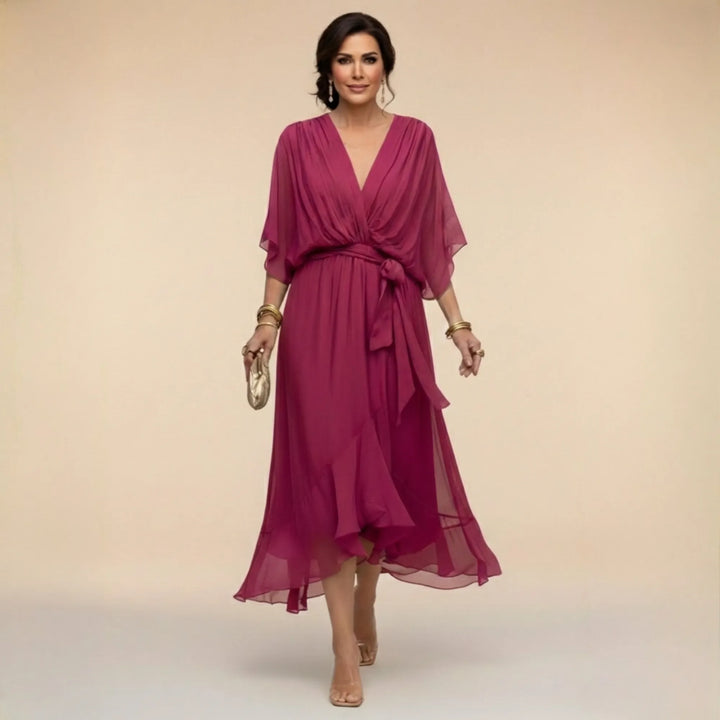 Women's Elegant Flowy Midi  Wedding Guest Dress with Ruched