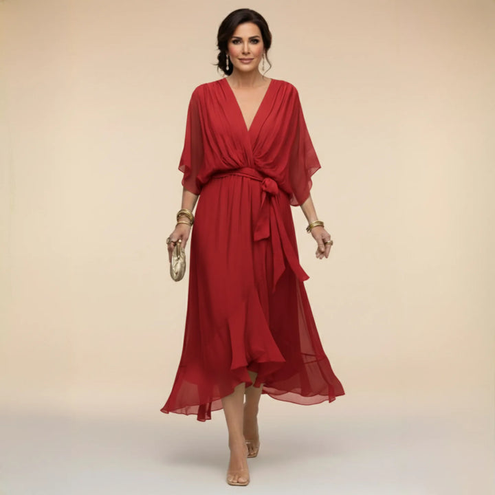 Women's Elegant Flowy Midi  Wedding Guest Dress with Ruched