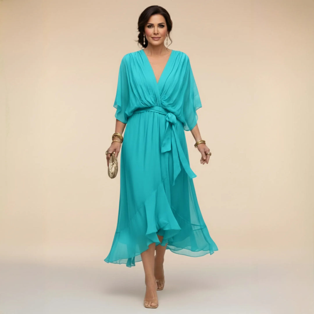 Women's Elegant Flowy Midi  Wedding Guest Dress with Ruched