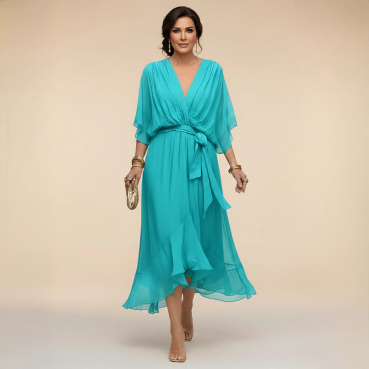 Women's Elegant Flowy Midi  Wedding Guest Dress with Ruched
