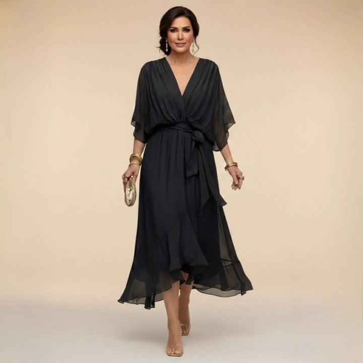 Women's Elegant Flowy Midi  Wedding Guest Dress with Ruched
