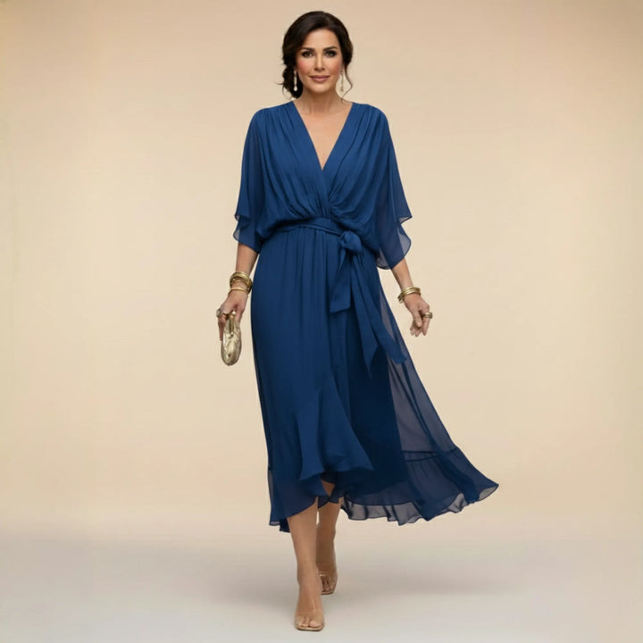 Women's Elegant Flowy Midi  Wedding Guest Dress with Ruched